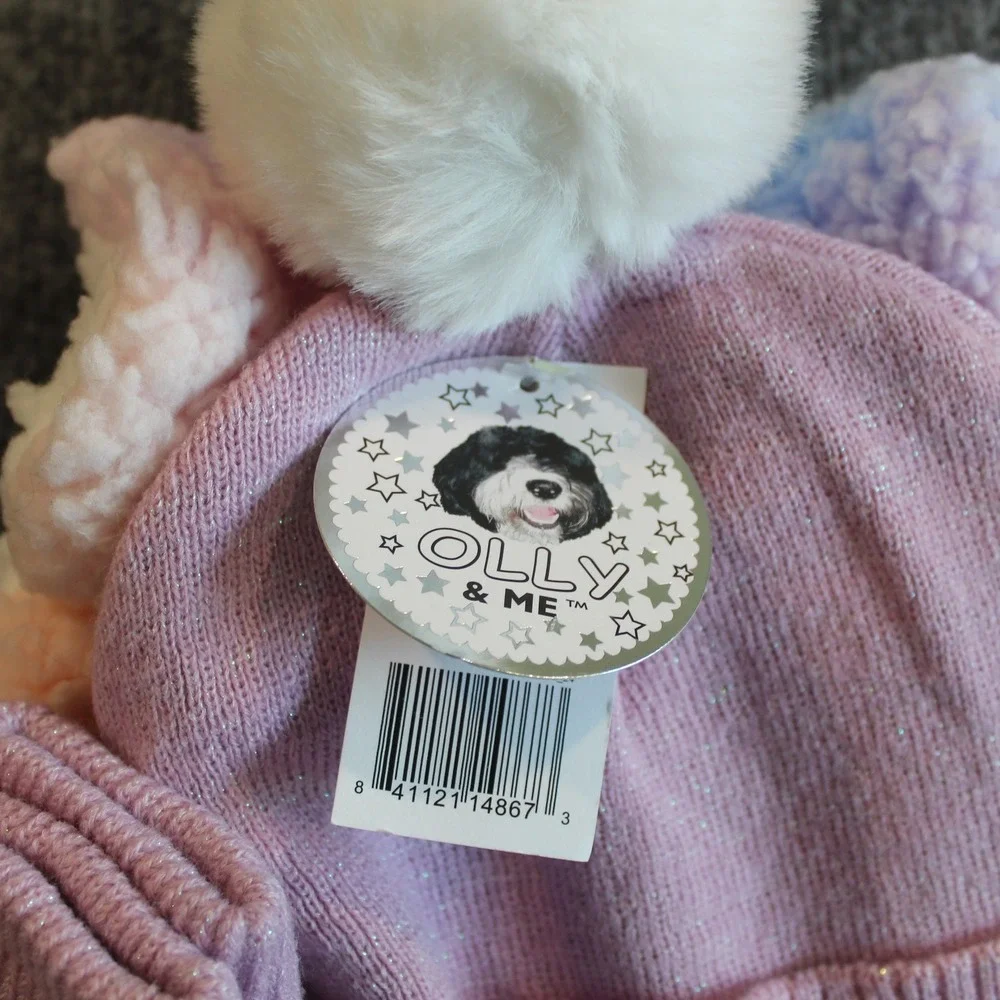 Olly & Me Hat Scarf‎ & Gloves Set Purple Orchid Jersey Pom 4-6X NWT